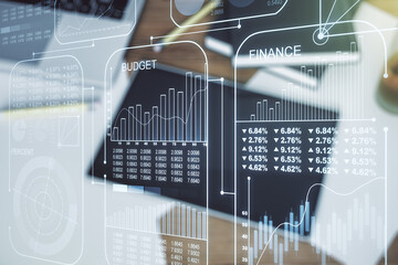 Poster - Multi exposure of stats data illustration and modern digital tablet on background, top view, computing and analytics concept