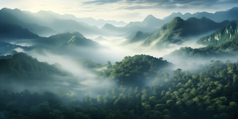 Wall Mural - mysterious misty valley with tropical rainforest, natural forest landscape