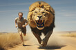 Man Running From Lion In Savannah