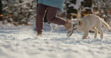 Woman Running In The Snow With Her Dog, Having A Good Time On A Walk In The Winter Forest