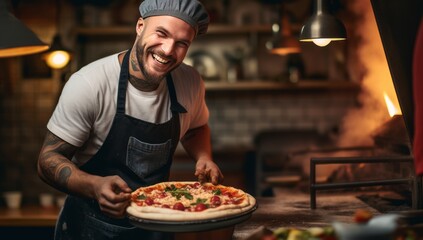 Wall Mural - The Pizza Master: A Skilled Chef Showcasing His Culinary Creation