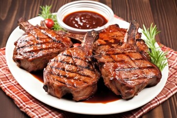 Wall Mural - grilled veal chops coated with a tangy barbecue sauce on plate
