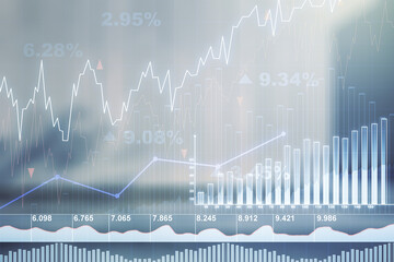 Poster - Multi exposure of virtual creative financial chart hologram on modern business center exterior background, research and analytics concept