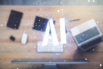 Aufkleber - Creative artificial Intelligence symbol concept with modern laptop on background. Multiexposure