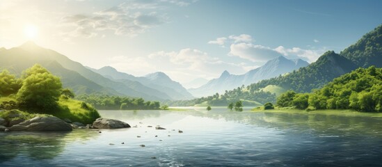 Poster - In the background, a serene landscape unfolds, with lush green mountains towering over a dense forest, while the sparkling water of the sea glistens under the warm summer sun, creating a breathtaking