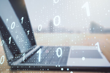 Aufkleber - Double exposure of creative abstract binary code hologram on laptop background. Database and programming concept