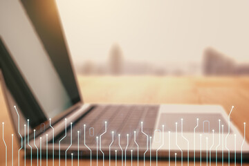 Aufkleber - Creative abstract micro circuit sketch on modern laptop background, future technology and AI concept. Double exposure