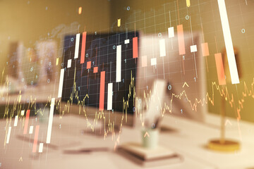 Poster - Multi exposure of abstract creative financial graph with world map on modern laptop background, forex and investment concept