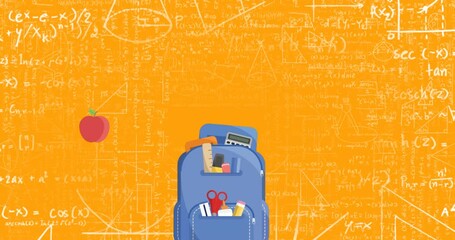 Poster - Animation of school concept icons falling inside backpack against mathematical equations