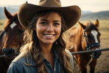 A Cowgirl Smiling And Horses Behind. Generative AI.