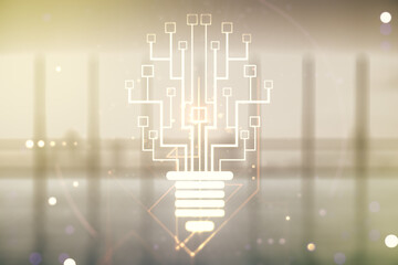 Poster - Double exposure of virtual creative light bulb hologram with chip on empty modern office background, idea and brainstorming concept