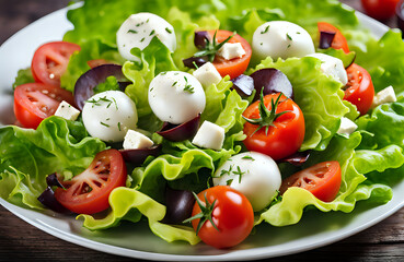 Healthy vegetable salad of fresh tomato, mozzarella, cucumber, onion, lettuce and sesame on plate.