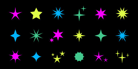 Wall Mural - vector retro set of acid futuristic sparkle icons on black background. collection of colorful star s