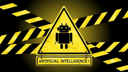 Poster - ai lettering - artificial intelligence on a warning sign with caution tapes in black yellow colour -