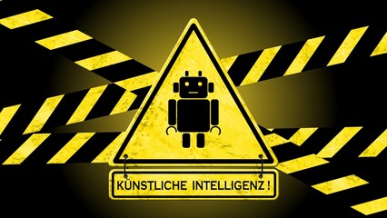 Poster - KI Lettering - Artificial Intelligence (in german Kuenstliche Intelligenz) on a warning sign with caution tapes in black yellow colour - 3D Illustration