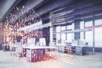 Poster - Abstract virtual code skull hologram on a modern furnished classroom background, cybercrime and hacking concept. Multiexposure