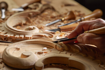 Wall Mural - Professional tools on a wooden table in the workshop. Surface covered with sawdust. Carpenter working with tools close-up