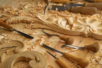 Canvas Print - Carpentry workshop with different tools on a table. Craftsmanship and skill involved in woodworking