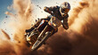 Dirt bike rider racing down a dirt track. Motocross rider in action.