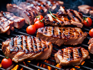 Grilled meat steak on stainless grill depot with flames on dark background. Barbecue or BBQ, food and cuisine.