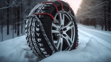 Wall Mural - Car wheel with winter tire and snow chain in snow forest. genera