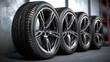 Car wheels. Four new black tyres with alloy discs in garage. gen