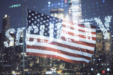 Poster - Virtual cyber security creative concept on US flag and city background. Double exposure