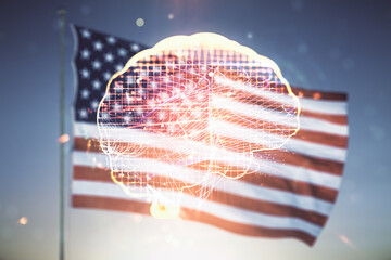 Aufkleber - Virtual creative artificial Intelligence hologram with human brain sketch on US flag and blue sky background. Multiexposure