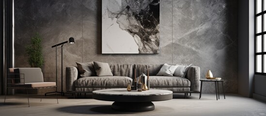 Canvas Print - Intrigued by the contrast of black and white, the artist meticulously combined abstract textures to create a vintage-inspired design on the interior wall, reminiscent of retro marble art, adding a