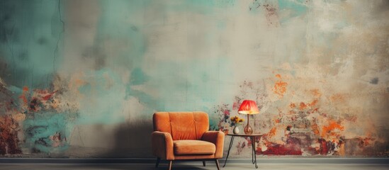 Poster - In awe of the vintage retro design, the observer admired the abstract texture of the grunge-colored wallpaper adorning the wall, with a poster of a beautifully crafted abstract artwork showcasing a