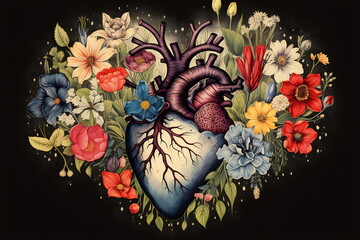 Wall Mural - Valentines day card. Anatomical heart with flowers.