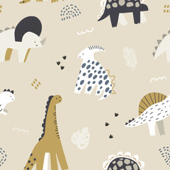 Wall Mural - Seamless childish dino pattern. Cute dinosaurs cartoon characters texture. Hand drawn dino design. Vector illustration