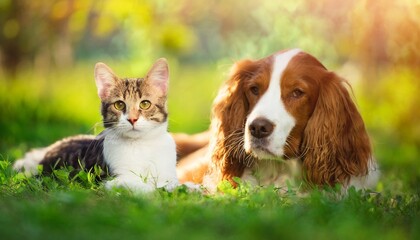  Lying in the green dog spaniel and cat in the summer