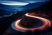 AI Illustration Of A Long Exposure Of A Curving Road Lit Up By The Headlights Of A Car.
