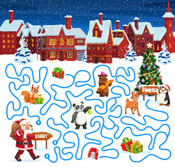 Poster - Christmas labyrinth maze with holiday characters. Kids vector board game worksheet with Santa Claus, squirrel, panda, bear and deer or penguin with gifts near pine tree. Boardgame with tangled path