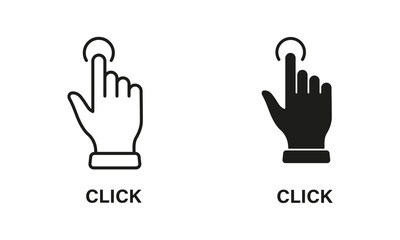 Poster - Click Gesture, Hand Cursor of Computer Mouse Line and Silhouette Icon Set. Pointer Finger Press or Point Pictogram. Swipe, Touch, Tap Sign Collection on White Background. Isolated Vector Illustration