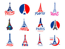 Paris Eiffel Tower Icons With France Flag And Travel Landmarks, Vector Badges. France And Paris Creative Art Symbols Of Eiffel Tower With Heart In Line Silhouette For French Fashion Or T-shirt Print