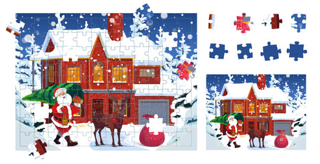 Poster - Jigsaw puzzle game pieces, Christmas winter house and Santa with reindeer and gifts, vector worksheet. Kids jigsaw puzzle to match and fit correct suitable pieces of picture with winter holiday town