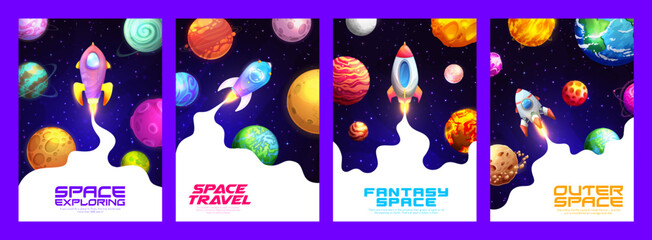 Poster - Space exploring and travel posters. Rocket spaceship, galaxy planets and stars. Space research flight, galaxy discovery and travel vector covers or posters with starship in outerspace, alien planets