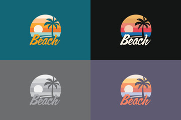 Poster - Beach logo illustration design with a palm tree on a tropical island at sunset