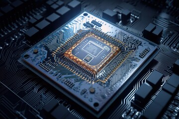 Aufkleber - Bitcoin hologram over CPU core and computer circuit board or mot