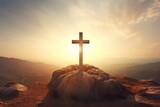 Fototapeta  - Silhouette of wooden christian cross, crucifix symbol on mountain against sunrise, sunset sky background. Death and resurrection of Jesus Christ. Easter concept. Church worship, salvation concept