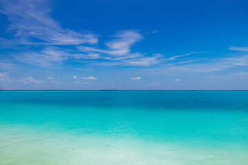 Wall Mural - crystal clear sea water bay. pristine ocean lagoon sunny cloudy sky, idyllic relaxing seascape. tran