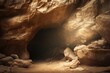 Empty tomb with shroud in Calvary hill. Christian Easter concept. Resurrection of Jesus Christ at morning sunrise. Church worship, salvation concept