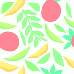 Wall Mural - abstract rainforest pink fruit with melon pieces and leaves seamless pattern