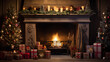 © Moon Project - Christmas decoration with fireplace, Christmas tree, gifts, socks, lights, candles... Christmas decorated home. Christmas interior decoration.