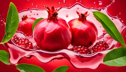 Landscape view of floating two fresh pomegranate fruit on pomegranate juice and pulp on red color background