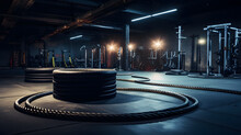 Functional training zone in gym with ropes and tires