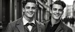 Portrait of a smiling, young and handsome guys on the street background of victorian era black and white photo from Generative AI