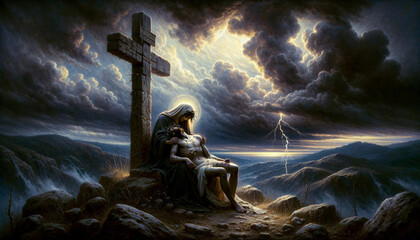 Wall Mural - Eternal Grief at Golgotha: Mary Holding Christ's Crucified Body Under Stormy Skies